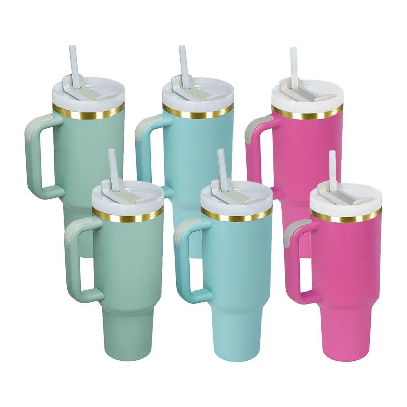 

6pcs Pack 40oz Powder Coated Double Wall Gold Plated Green Mint and Pink Color Stainless Steel Tumbler Hu
