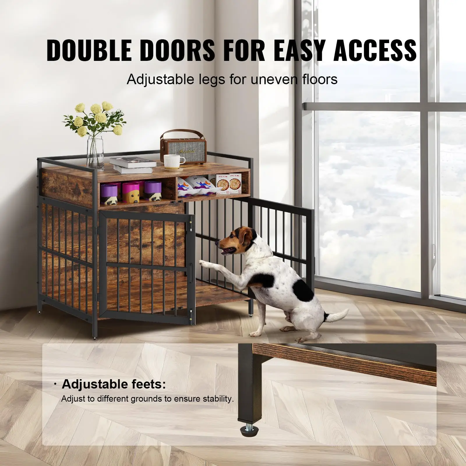 Dog cage furniture Wooden dog cage with double door Dog house with rack Multi-function