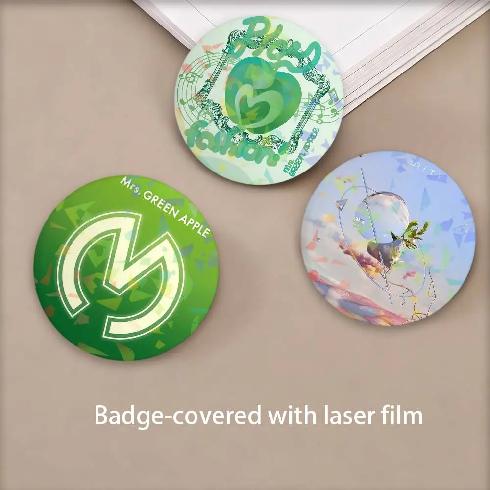 Pop Band Mrs. G-Green A-Apple Round Badge Lapel Pins for Backpacks Briefcase Laser Brooch Clothes Gifts