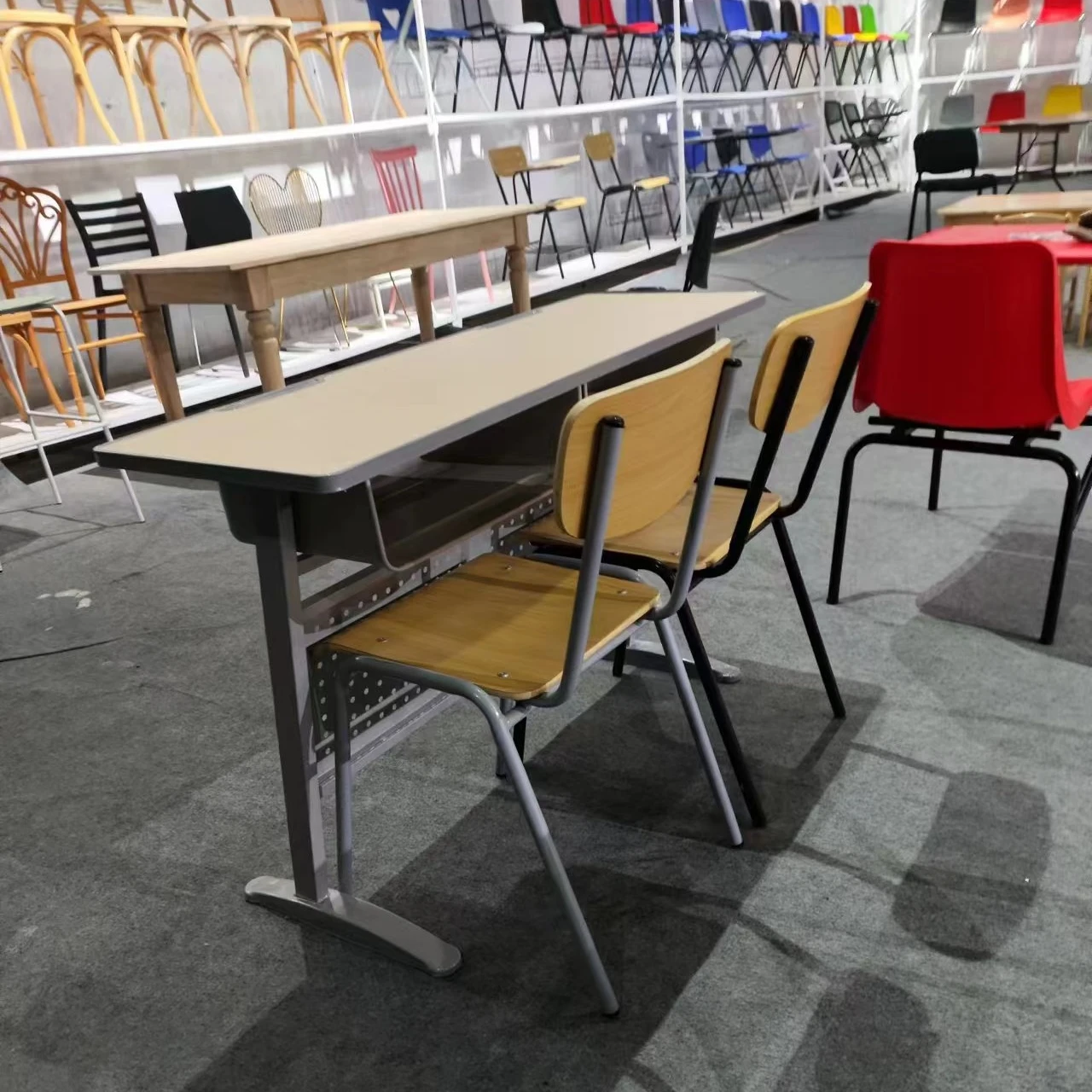 High quality modern cheap double person table wooden metal frame school student study desk and chair set