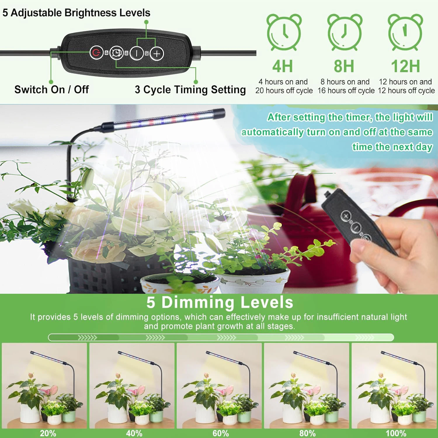 Luz de crescimento de plantas espectro completo led luz de planta interna com temporizador liga/desliga automático 4/8/12h pescoço de ganso pode tubo de dobra livre regulável