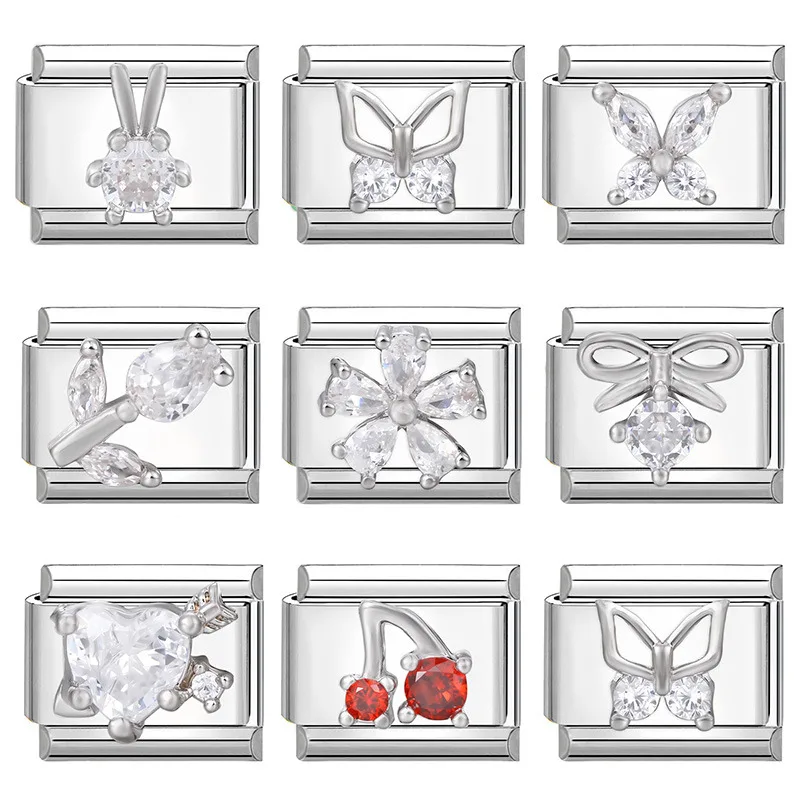 

Shiny Zircon Red Cherry Butterfly Heart Italian Charm Links Fit 9mm Stainless Steel Bracelet Girls' Jewelry DIY Making