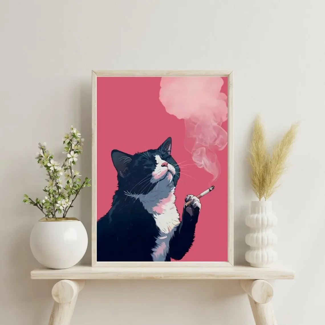 Black Cat Pink Smoking Painting - Black Cat Pink Poster, Printable Wall Art Digital Download, Home Decor, Kitchen Decor, Instant