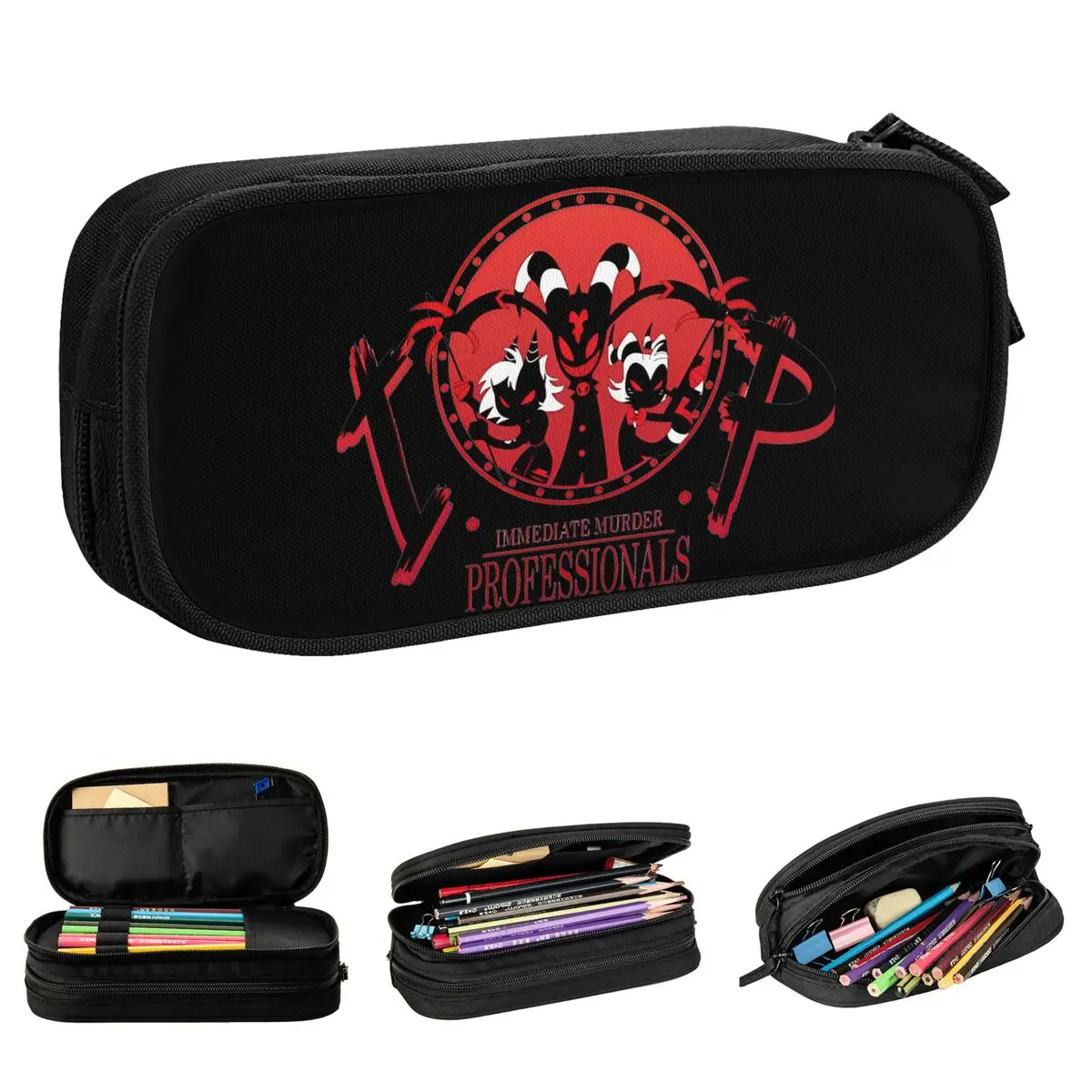 dos desenhos animados helluva boss pencil case preto comedia lapis pen holder para estudantes bolsas de grande capacidade papelaria escola 01