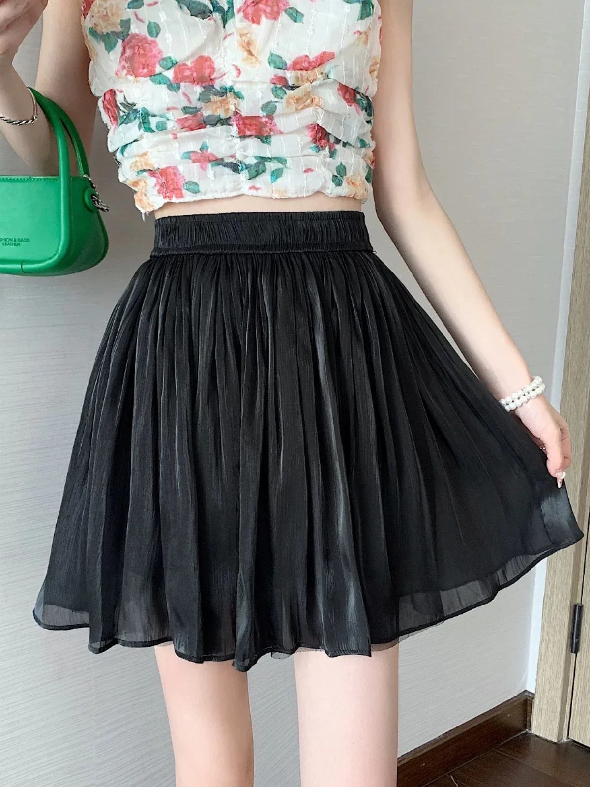 Women's Shiny Organza Short Mini A-line Skirt Elastic High Waist Beige Black White Pleated Metallic Chiffon Skirt Elegant Cute