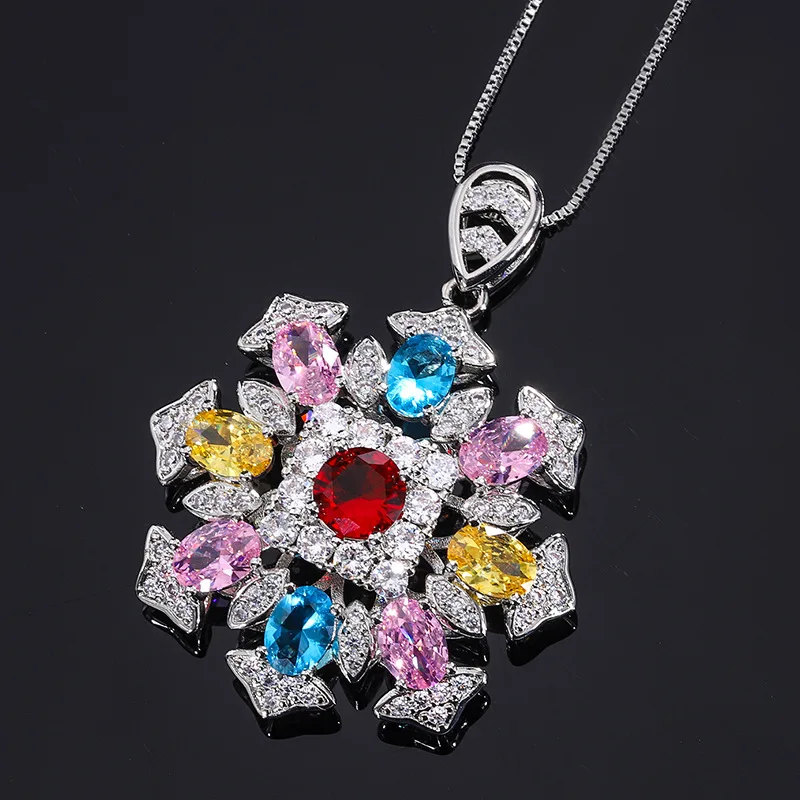 

Jewelry Colorful Tourmaline Pendant Snowflake Micro Paved Full Diamond Gemstone Necklace European and American Retro Luxurious C