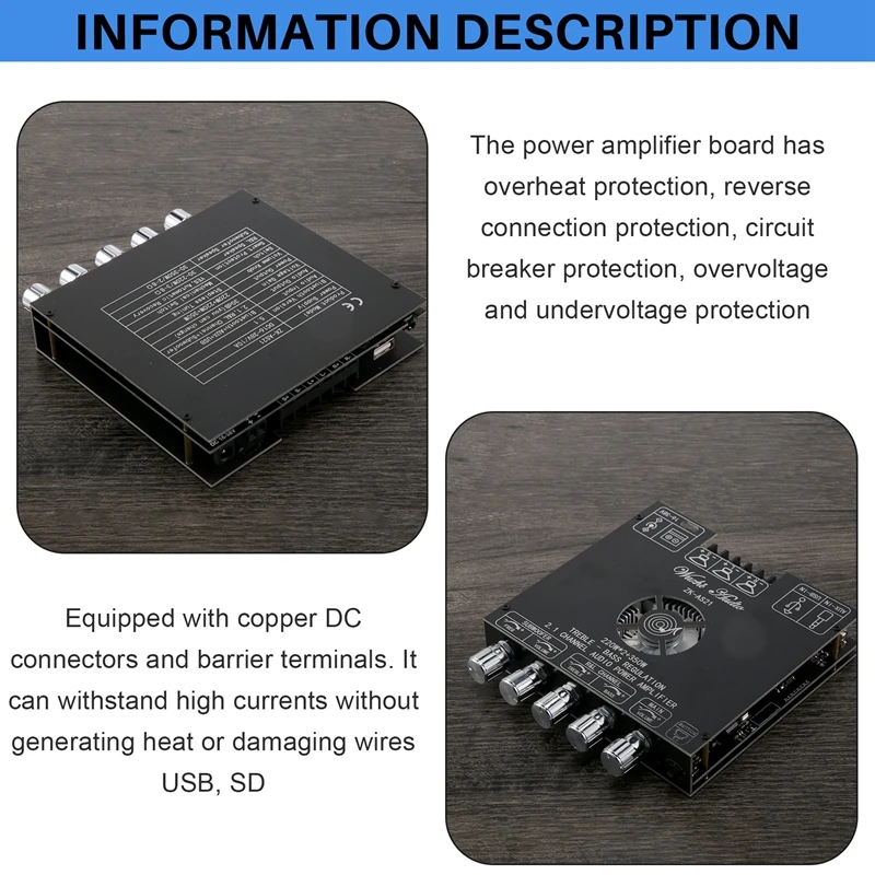 TPA3251D2 Bluetooth 5.0 2.1 Channel Power Audio Stereo Subwoofer Amplifier Board 220Wx2+350W TREBLE Low Tone AMP ZK-AS21