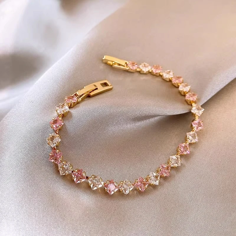 Elegant Pink White Cubic Zirconia Tennis Bangle Gold Color Crystal Chain Bracelet for Women Bridal Valentine's Day Accessories