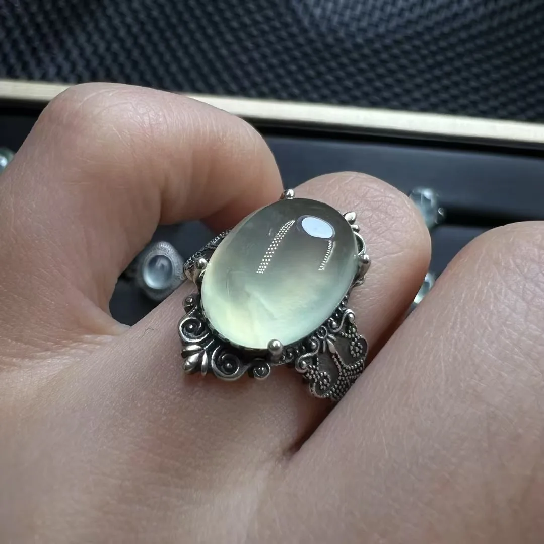 

1 Pc Fengbaowu Natural Stone Prehnite Oval Cabochon Ring 925 Sterling Silver Resizable Fashion Jewelry Gift For Women