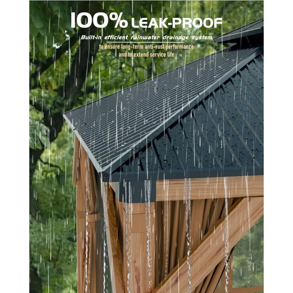 شرفة خشبية صلبة مقاس 12 × 20 قدمًا، شرفة دائمة لجميع الأحوال الجوية مع سقف وستائر معدنية مزدوجة #5