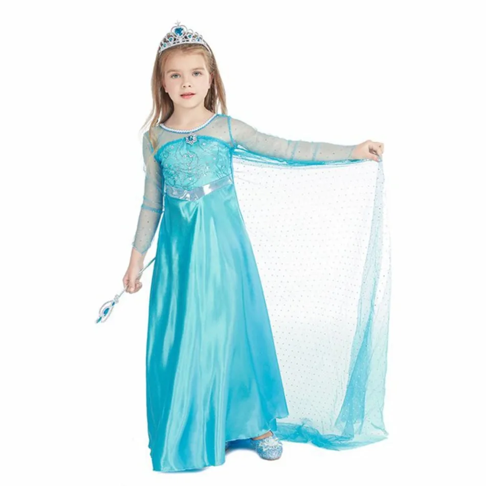 Girls Turquoise Mesh Cape Train Princess Dress Long Sleeve Satin Floor‑length Gown Kids Birthday Elsa Role‑play Party Costume