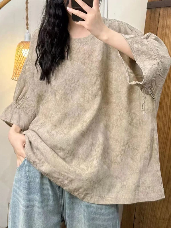 

Льняная футболка Design Sensation Five-Quarter Sve, женская летняя футболка 2025, новый легкий свободный скрывающий шикарный топ для похудения