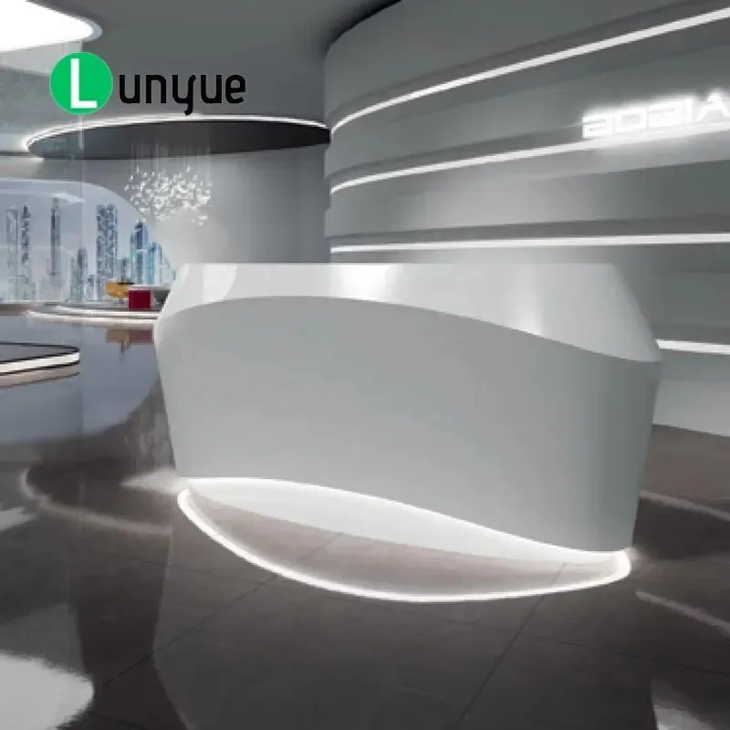 Luxury White Diamond Stone Arc Reception Desk Rose Gold Spa Hotel Shop Front Counter Custom Signage Furniture