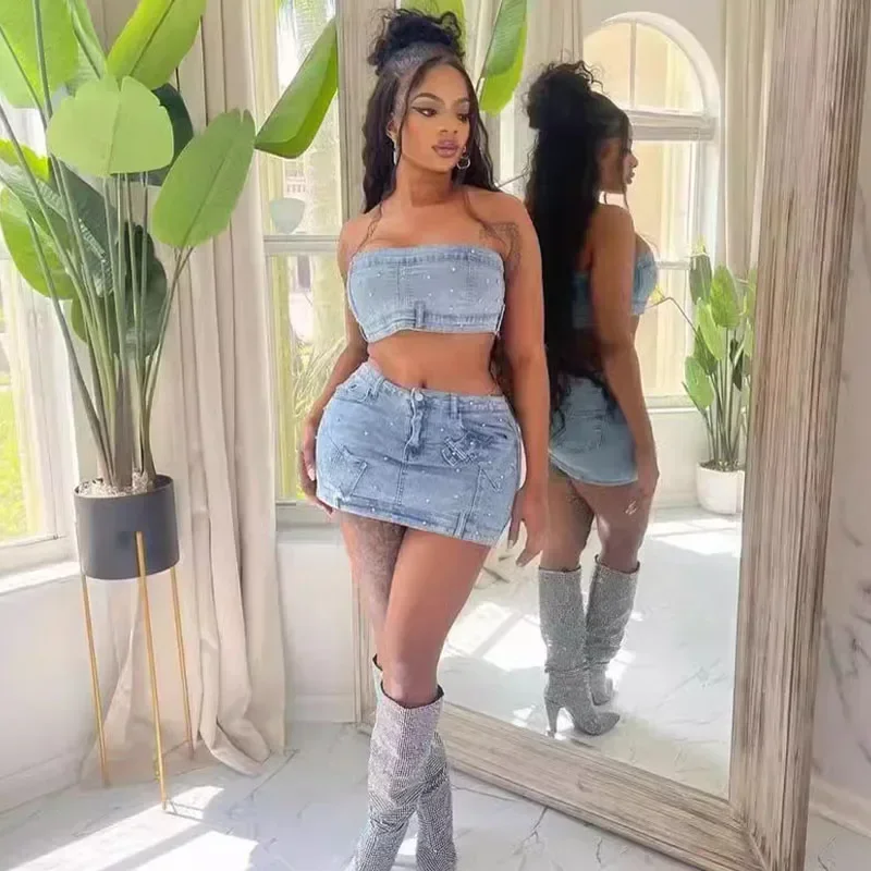 Streetwear Beading Denim Two Piece Sets Women Birthday Outfits Strapless Crop Top and Mini Skirt Party Club Matching Sets Jeans