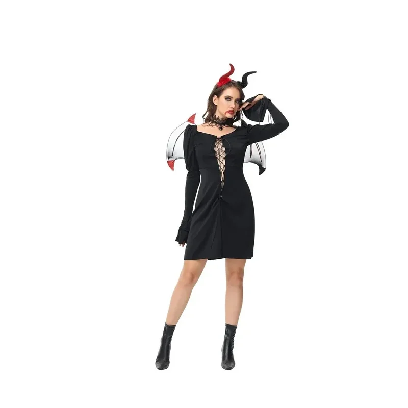 Disfraz de bruja malvada y diablo para parejas, disfraz de Halloween, traje de fiesta, traje de diablo para mujer con alas y accesorios para sombrero