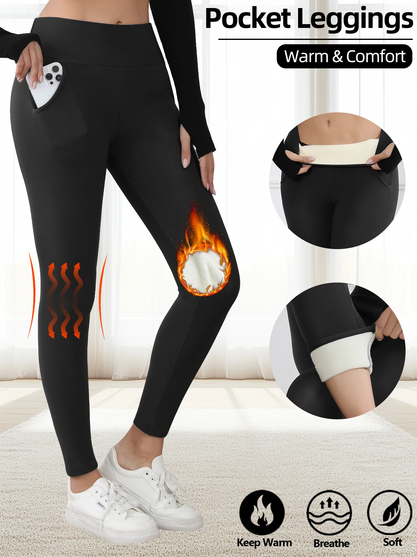 Winter Thermal Fleece Lined High Waisted Leggings With Pockets For Women Tummy Control Thick Warm Tights Workout Running - view 2