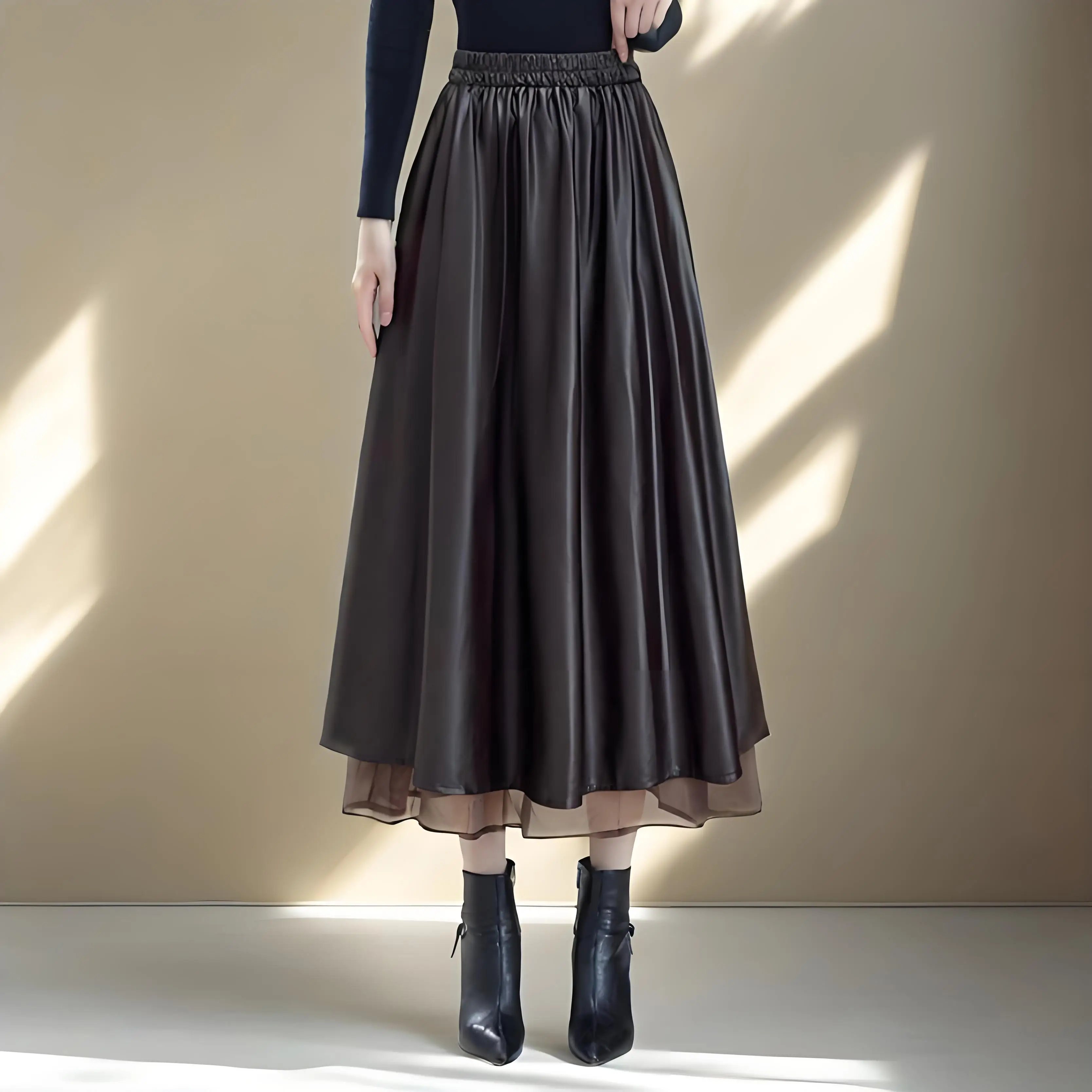 

Fashion Long PU Leather Skirts For Women Autumn Winter Streetwear Elastic Waist Pleated Loose Casual A- Line Skirt With Mesh Hem