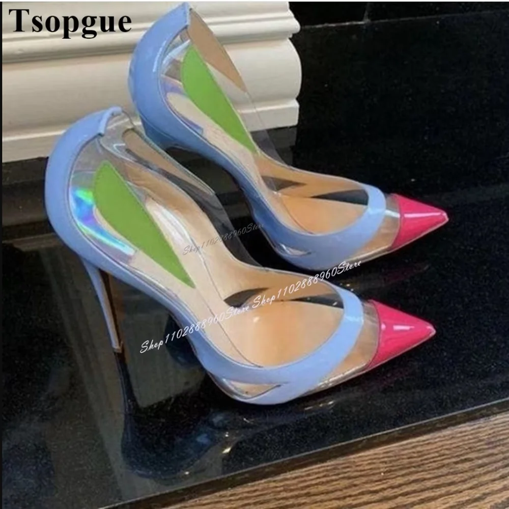 

Mixed Color Leather PVC Splicing Pointy Pumps Stilettos High Heel Women Shoes Slip On Pointed Toe Stylish Party Elegant Pumps