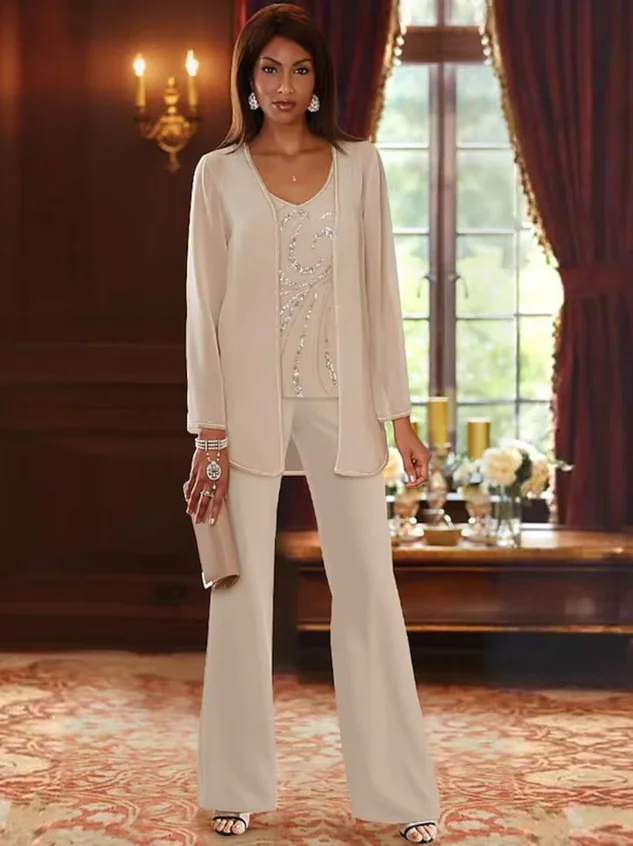 Jumpsuit / Pantsuit 3 Piece Mother of the Bride Dress Formal Wedding Guest V Neck Floor Length Chiffon with Beading Sequin 2026