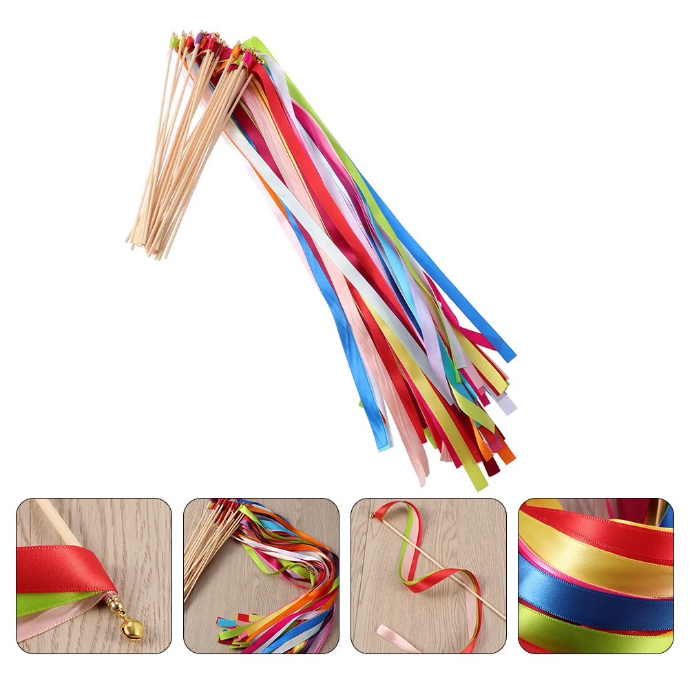 

20 Pcs Ribbon Fairy Wand Party Sticks with Bells Streamer Manual Wands Dancing Fabric Favor Streamers Wedding Decoration