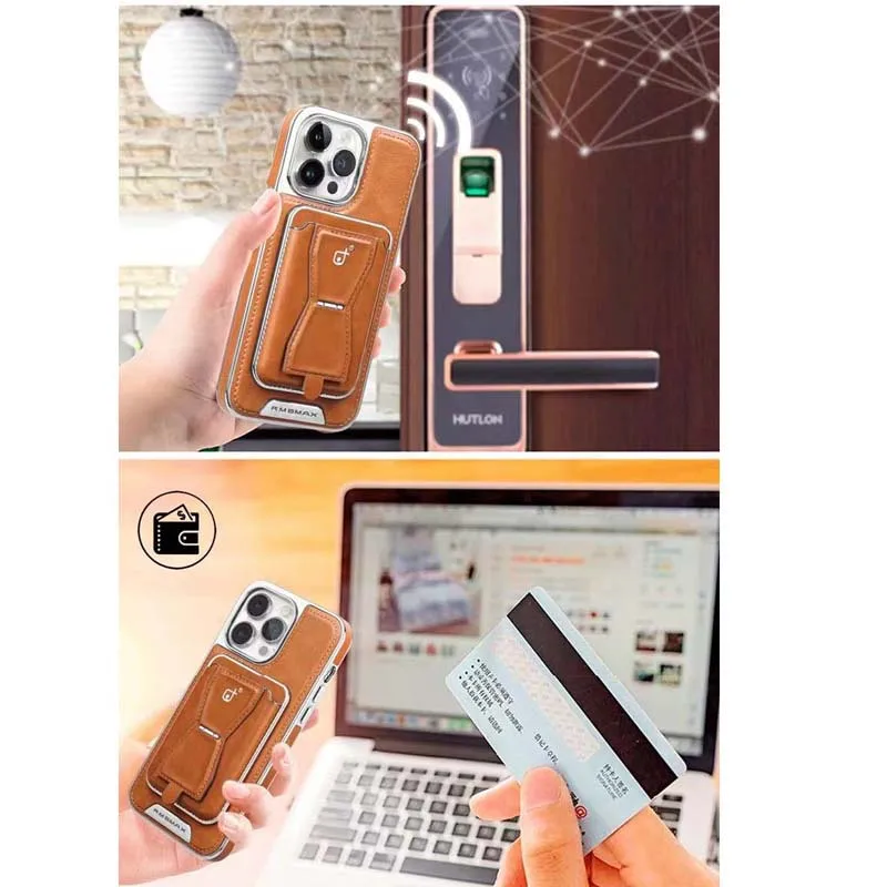 for iPhone 16 15 14 Plus 13 12 Pro Max Case Luxury PU Leather Back Cover with Hole Removable Magnetic Card Pocket Foldable Stand