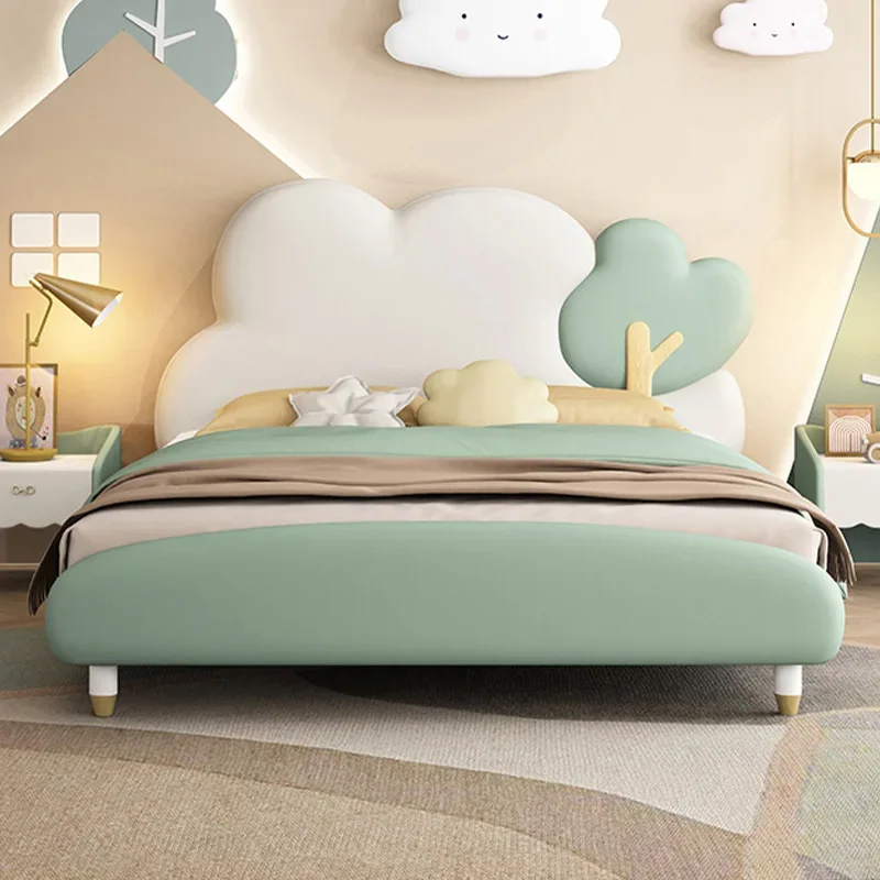 Youth Children Cloud Bed Boys Soft Bag Bed French Solid Wood 1.5m Double  Internet celebrity leather  Girls