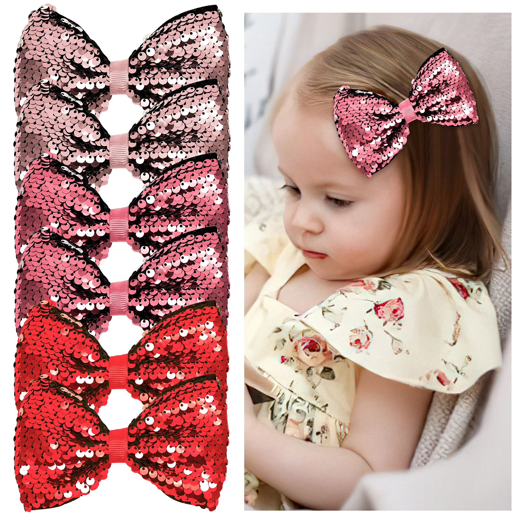 

6pc Bling Sparkle Glitter Festive Big 5 Inches Sequins Rainbow Ribbon Hair Bows Alligator Clips for Baby Girls Toddlers and Kids