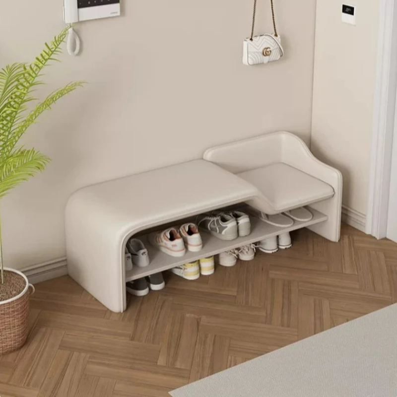 Art Curved Entry Change Shoe Stool Two-Tier Different Height Padded Bench with Open Shoe Rack Kid & Adult Shared Hallway