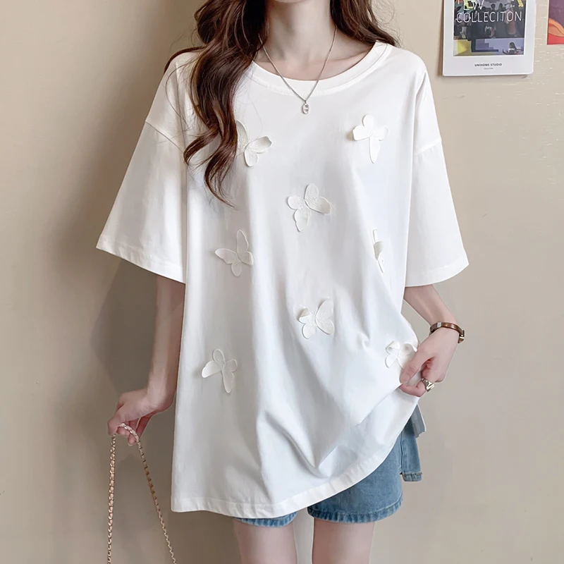 

Summer Loose Midi Embroidered Top 3D Three-dimensional Butterfly Short-sleeved T-shirt