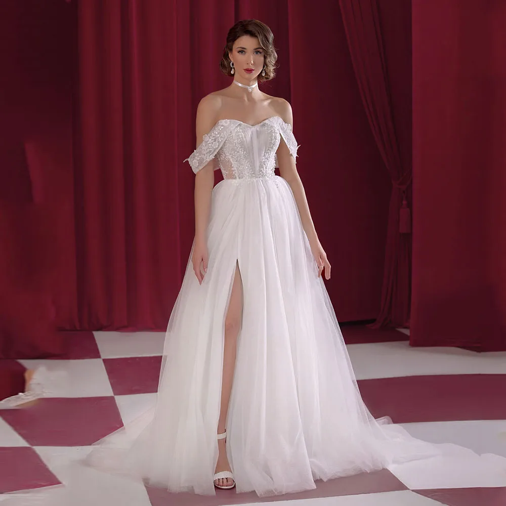

Elegant Off The Shoulder Tulle Bridal Dress Lace Up Wedding Gowns For Women A Line Appliques Ivory Wedding Dress Floor Length