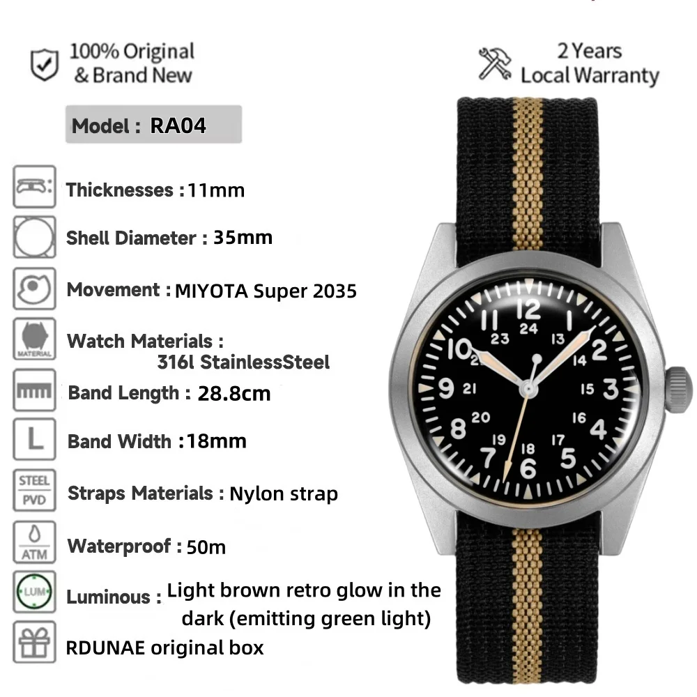 RDUNAE 2025 Neue Herren-Quarzuhr MIYOTA Super 2035 RA04 35 mm Militärisch Wasserdicht Leuchtend Edelstahl Reloj Hombre