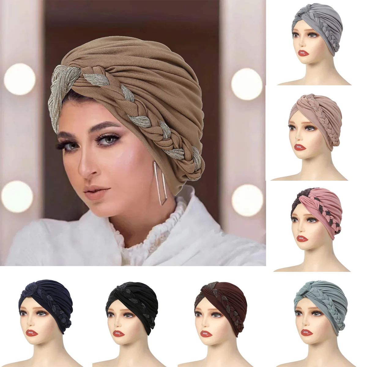 

Women Lady Muslim Braid Head Turban Wrap Cover Cancer Chemo Islamic Arab Cap Hat Hair Loss Bonnet Beanies Stretchy Cap Headwrap