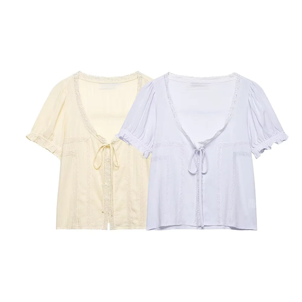 

Женская летняя новинка 2026: Модная вышитая тюлевая рубашка в стиле ретро с коротким рукавом, универсальная повседневная женская блузка, шикарный топ