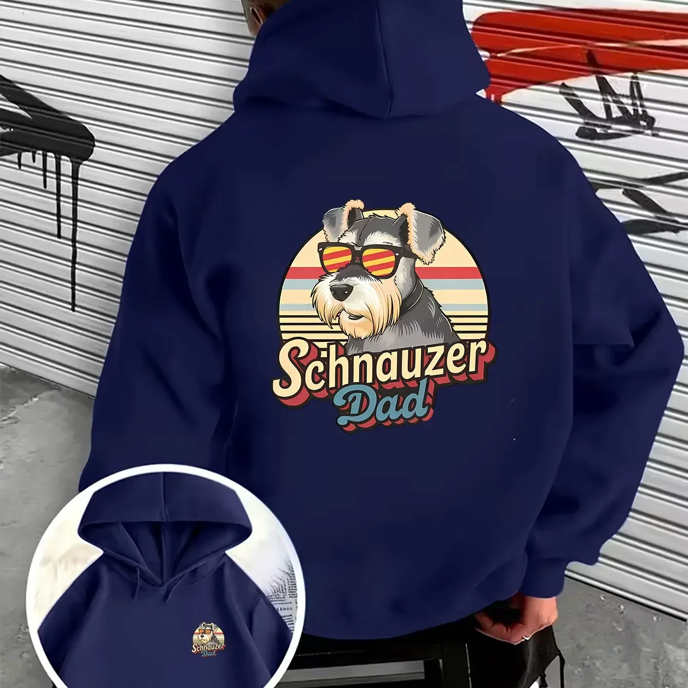 70s Retro Vintage Sunset Stripes Schnauzer Quote Double Sided Casual Oversized Navy Blue Pullover Hoodie