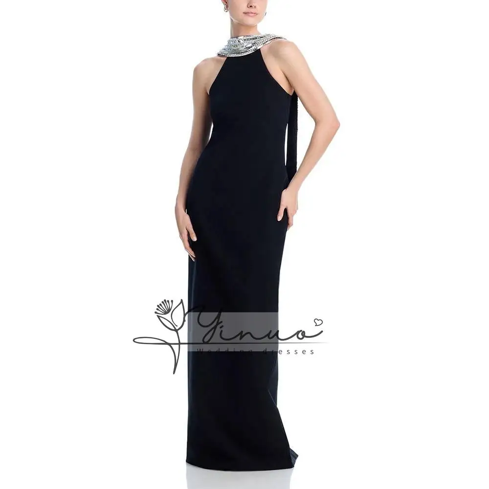 

customized Black Women's Evening Gown Mermaid Floor Length Formal Party Dress O Neck Saudi Dress Sleeveless Prom Dress