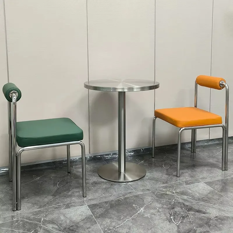 Modern Square Restaurant Furniture Diameter 50cm Stainless Steel  Table Chair Combination for Milk Tea Shop Coffe Shop