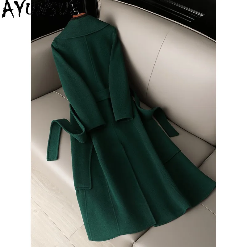 AYUNSUE 100% wollen jas Halflang 2025 Dubbelzijdige wollen groene jas Winterjassen voor dames Elegante dameskleding Biscurrence Annavé