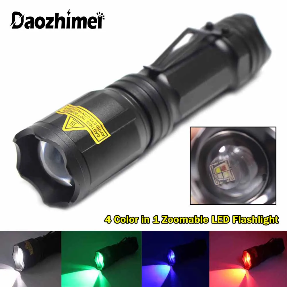 

4 in 1 Multicolor Zoom Led White/Red/Green/Blue Lighting Flashlight Outdoor Hunting Photographic Selfie Hiking Camping Lamp