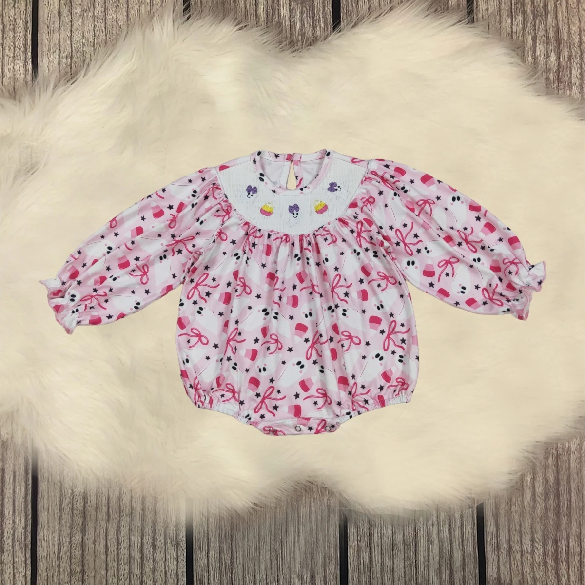 

Children Newborn Fall Halloween Embroidery Girl Infant Candy Bows Ghosts Long Sleeves Baby Kids Toddler Smocked Romper Wholesale