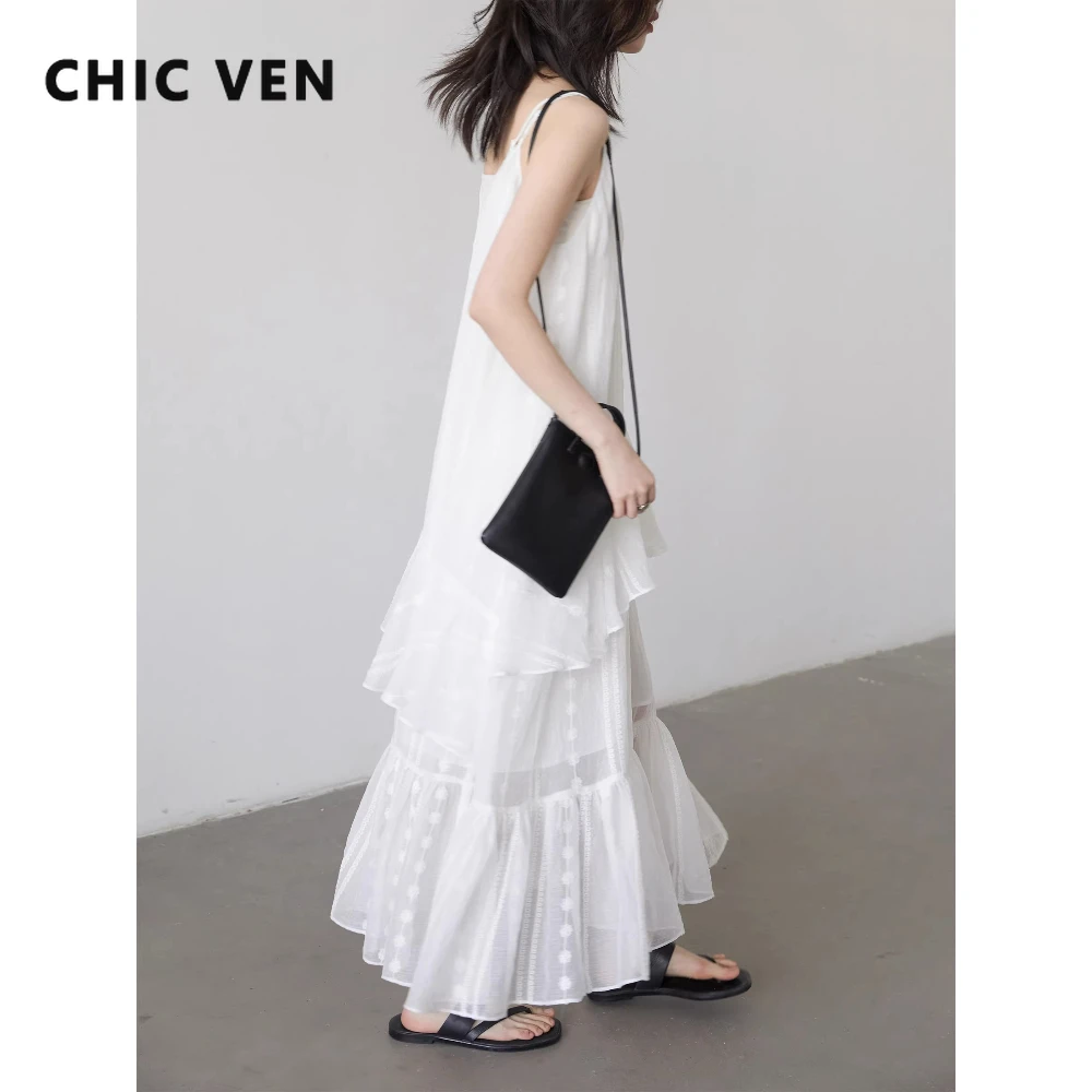 

Модное женское платье CHIC VEN: свободное повседневное платье с V-образным вырезом, жаккардовое, белое, на бретельках, длинное, для девушек, летняя коллекция 2026