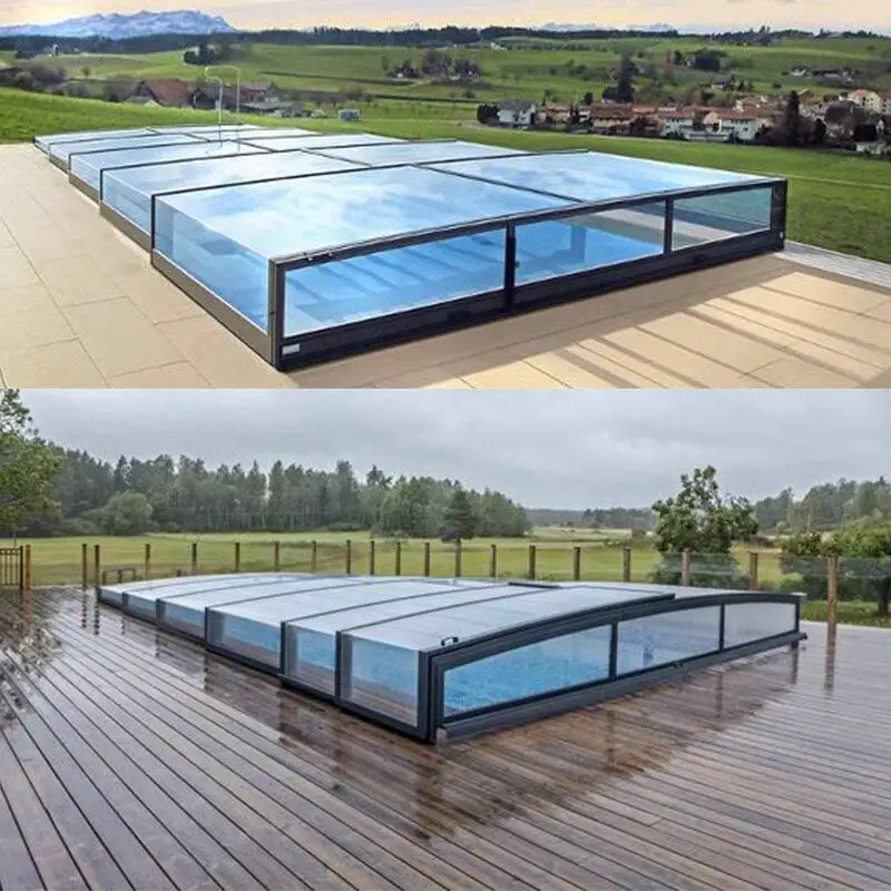 Motorized Retractable Pool Dome with Hard Cover and Mobile polycarbonate Featuring Remote Control and Weatherproof Sealing