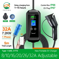 ISIGMA 32A 7.2KW EVSE Charging Cable Wi-Fi Bluetooth APP Control Portable EV Charger  Type1 Electric Vehicle Charger