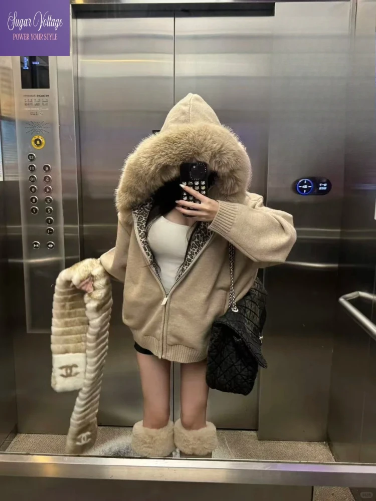 

Винтажный элегантный вязаный кардиган из искусственного меха с леопардовым принтом, женский зимний свитер с капюшоном в стиле ретро, пальто на молнии, теплый шикарный уличный стиль