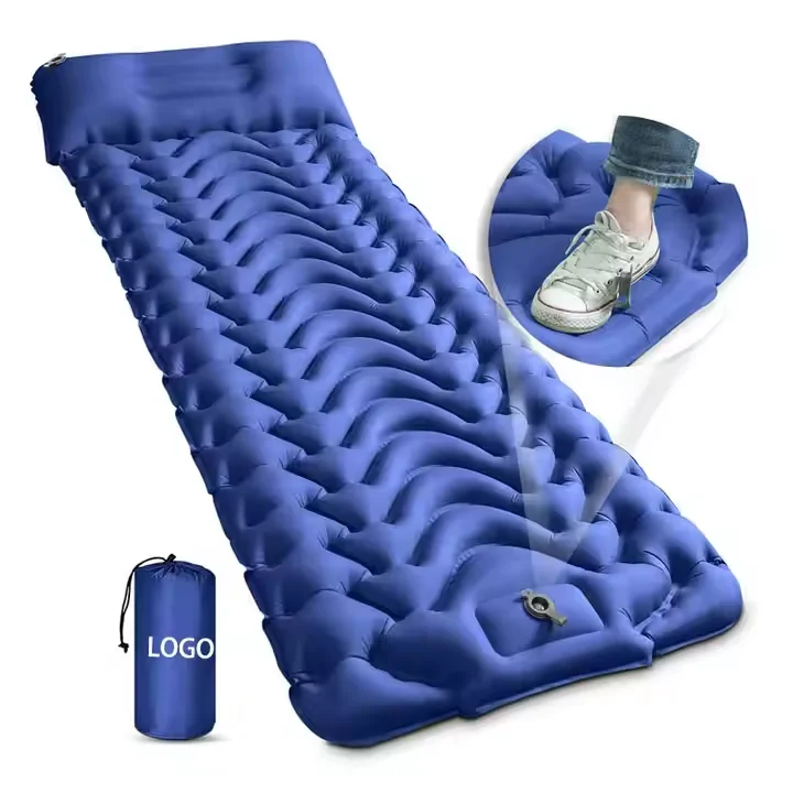 

camping sleeping mat, lightweight inflatable mat with air pillow presser foot, built-in pump, durable camping hiking mat