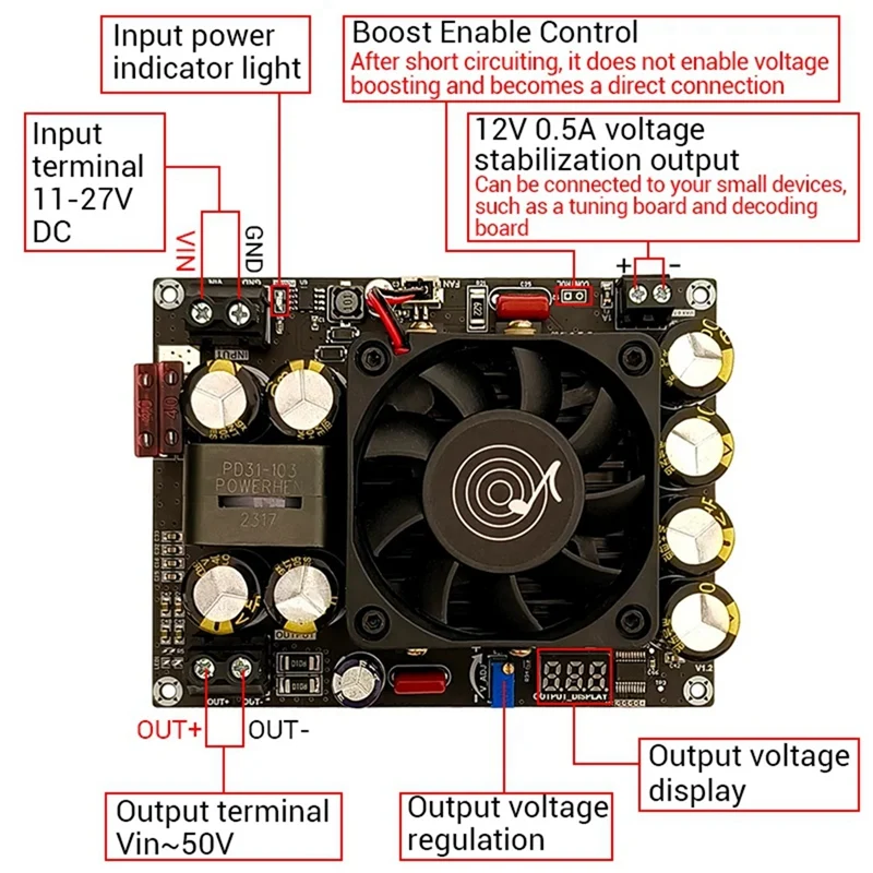 500W PW500 Booster Board Module 12V 24V Up 24V-50V Adjustable Multifunction Convenient Module With Voltage Display Easy To Use