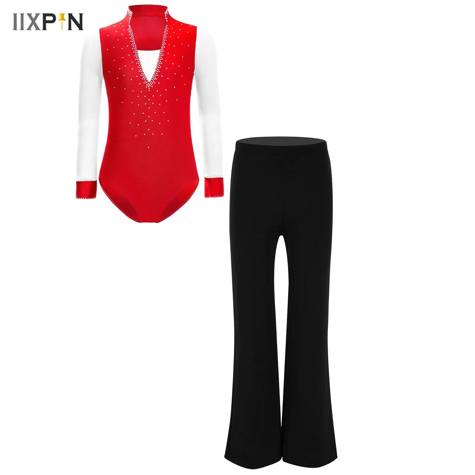 

Kids Boys Girls Figure Skating Costume Set Sheer Mesh Long Sleeve Shiny Rhinestone Leotard+Pants for Stage Performance Dancewear