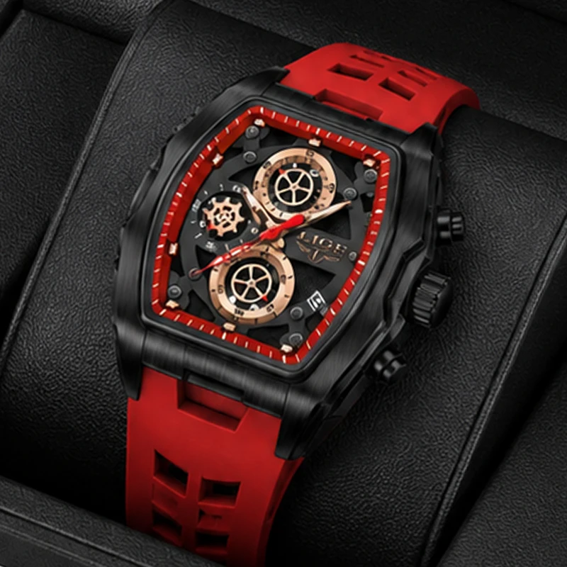 LIGE Fashion Chronograph Square Watch For Men Red Silicone Waterproof Men's Quartz Watches Business Casual Luminous Wristwatch
