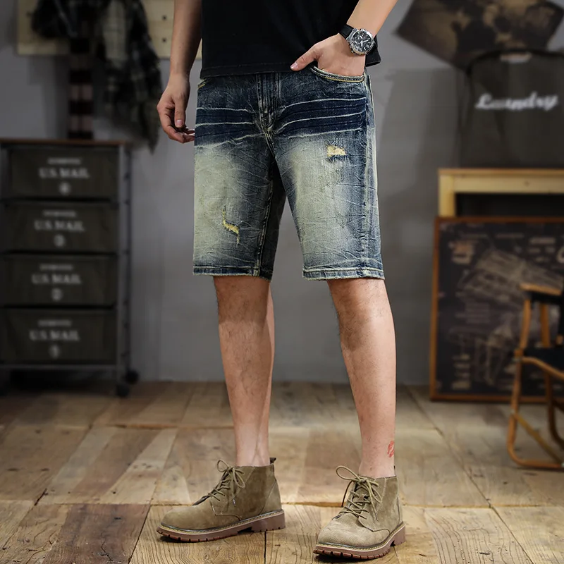 High-End Washed Make Old Ripped Denim Shorts Men's Summer 2024 New Slim Fit Straight Short Pants Ins Fashion Brand Shorts