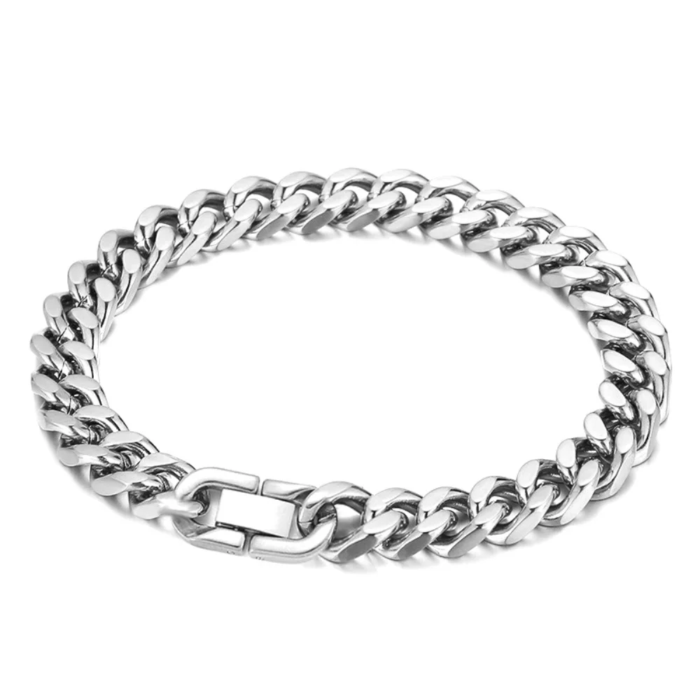 9MM Silver Plated Miami Cuban Link Chain Bracelet, Street Wear Stainless Steel Curb Thick Link Bracelet for Women Men Boys