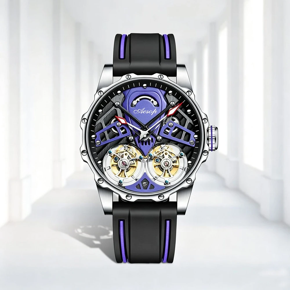 AESOP Men Double Tourbillon Skeleton Mechanical Watch 316L Steel Case Silicone Strap Luminous 3ATM Waterproof Racing Wristwatch